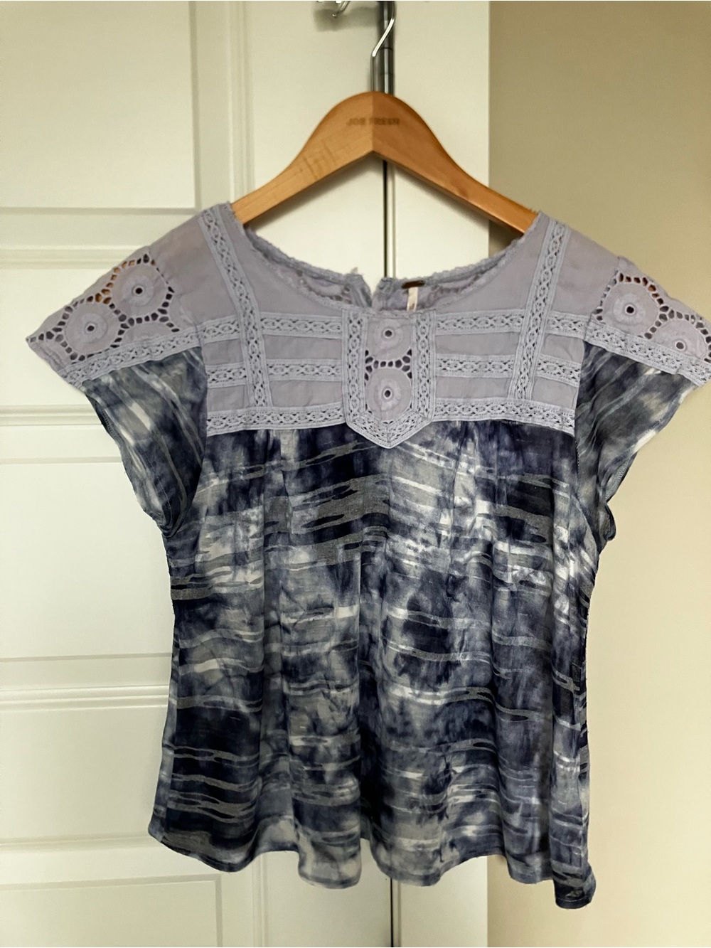 Free People Light Blue Crochet Yoke Tie-Dye Blouse
